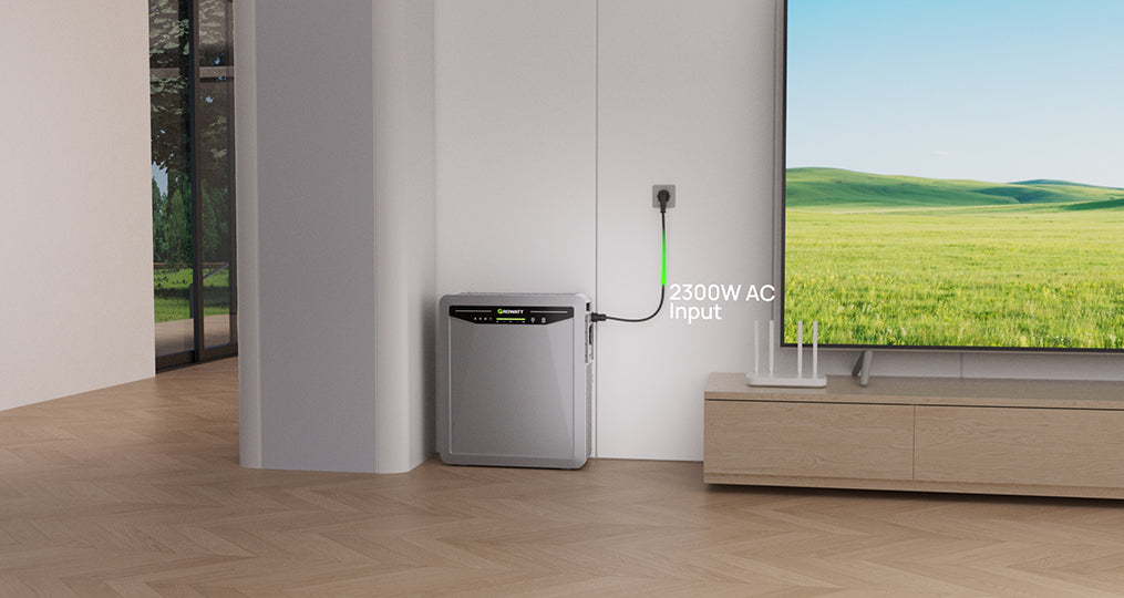 Growatt AURA5000 met stekker in het stopcontact in de woonkamer